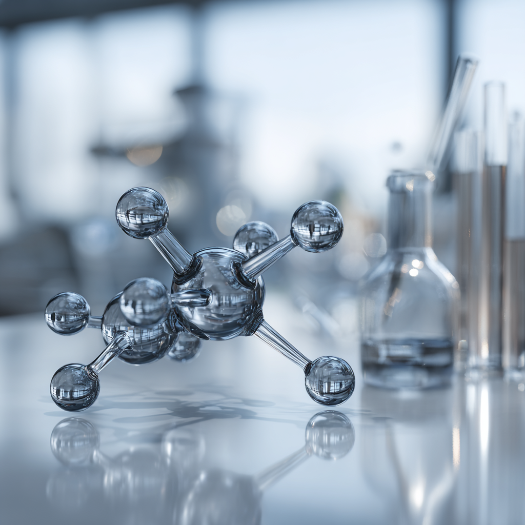 3D model of peptide molecules and lab glassware on a table, symbolizing cellular communication and healing