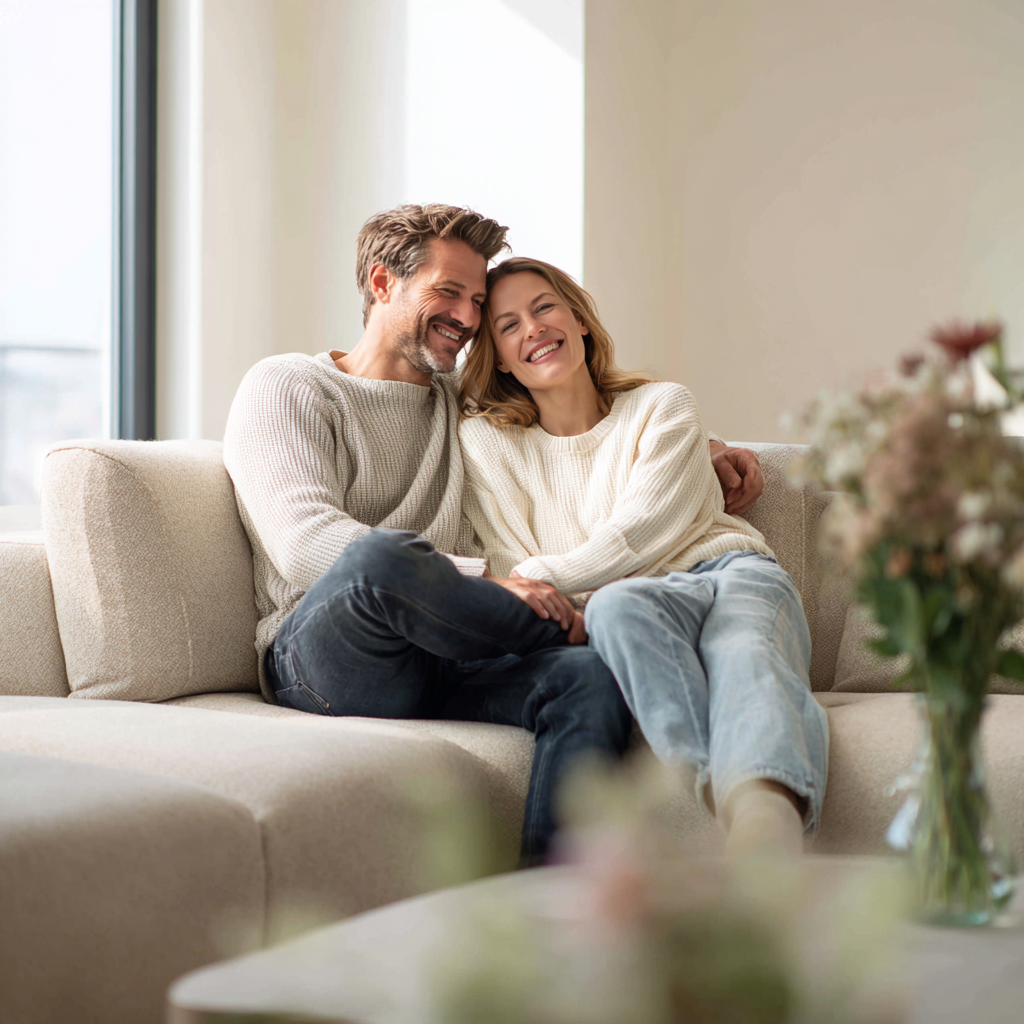 Smiling couple relaxing together after personalized peptide therapy at Lifetime Performance