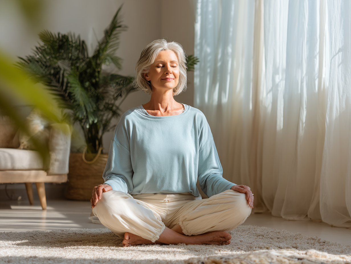 Peaceful senior woman meditating on a carpet in soft daylight, symbolizing peptide-supported wellness and recovery