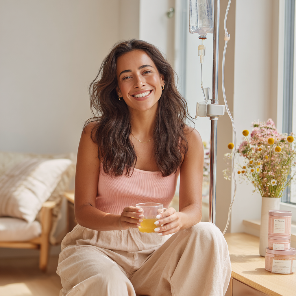 Smiling young woman sitting with an IV drip in a sunlit room, representing the benefits of IV NAD+ therapy at a premium wellness clinic.