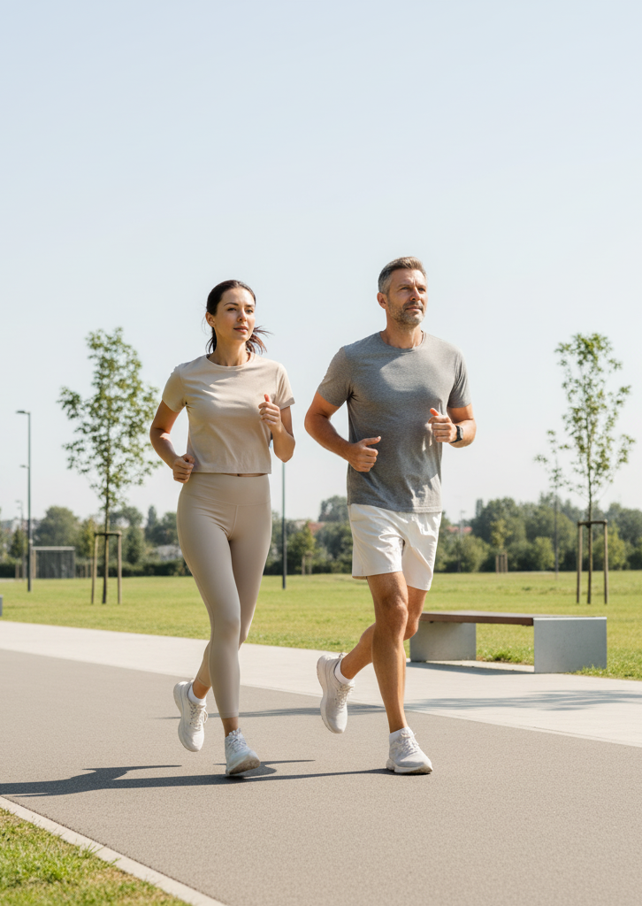 Fit middle-aged man and woman doing kettlebell lunges, symbolizing energy, strength, and cellular health benefits of NAD+ IV therapy.