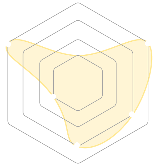 Radar chart with yellow shaded area connecting five points on hexagonal grid.