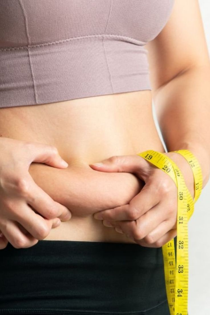 Person pinching belly fat with a yellow measuring tape wrapped around their waist.