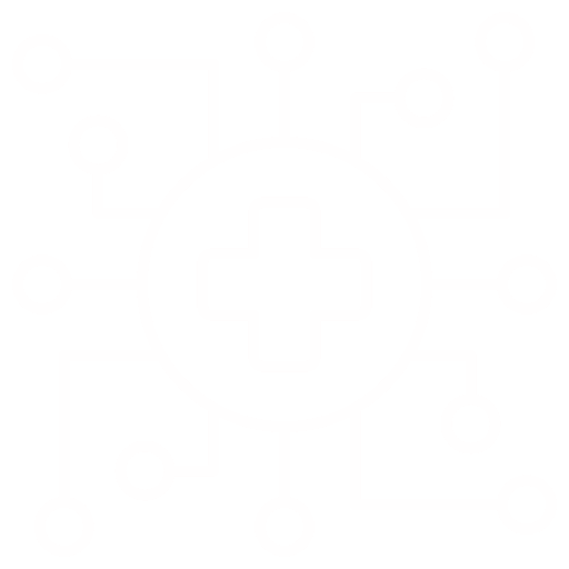 White medical cross connected to multiple nodes illustrating a healthcare technology network.