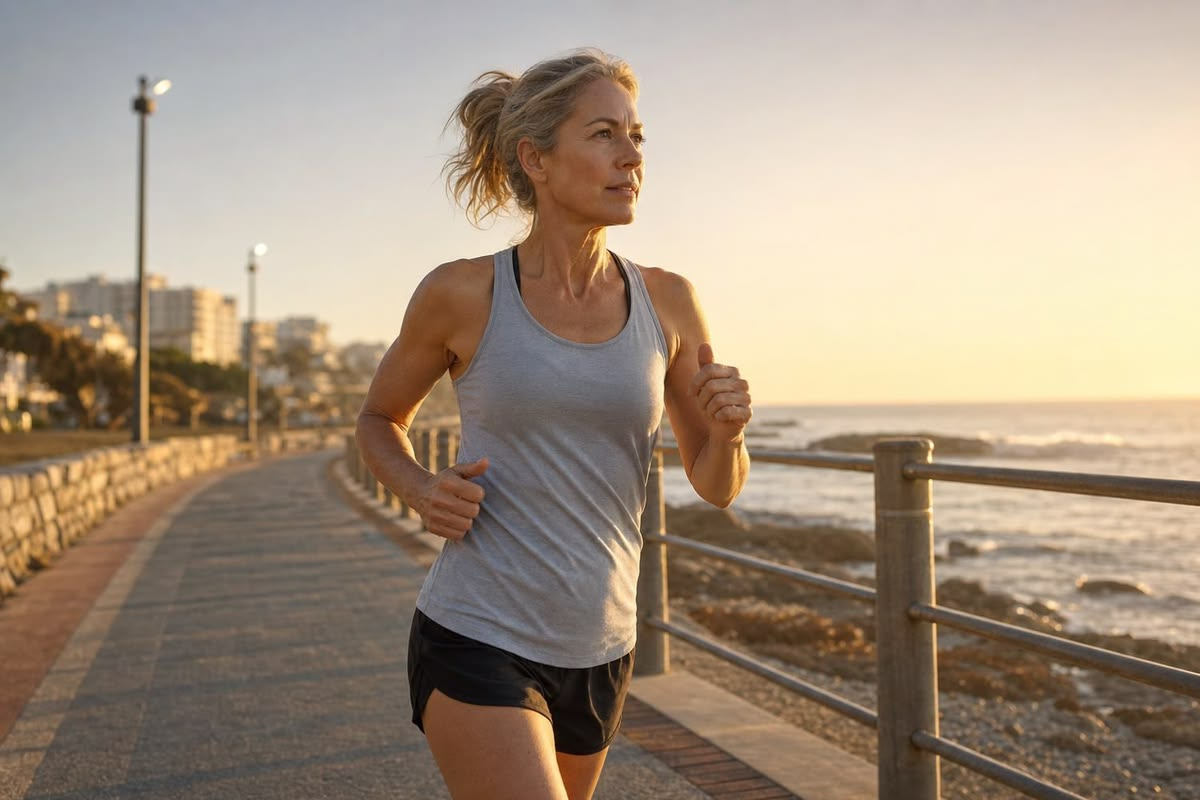Middle-aged woman jogging on a seaside path at sunset wearing a gray tank top and black shorts.