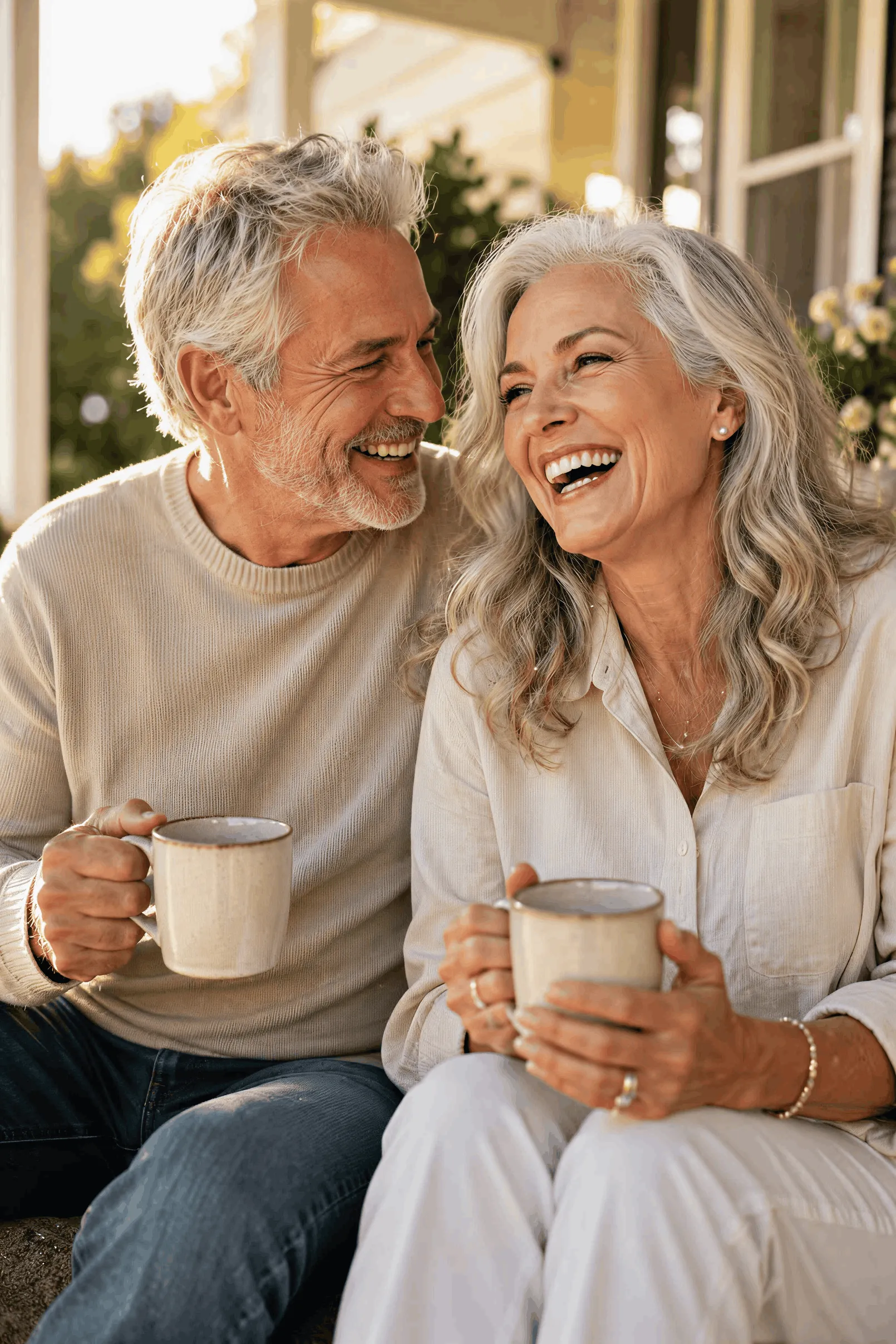 Smiling older couple with gray hair sitting together, each holding a coffee mug outdoors.