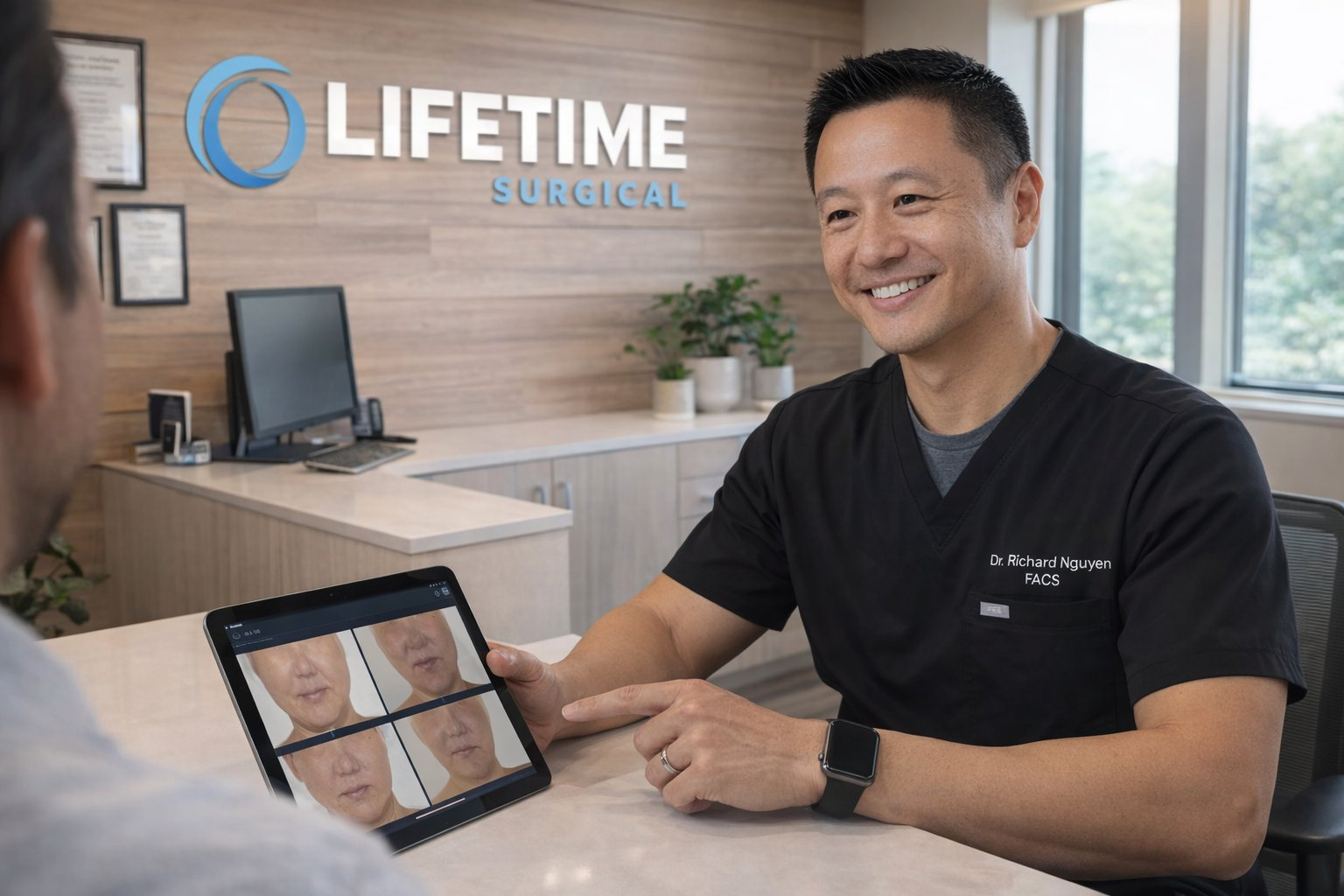 Smiling doctor showing facial images on a tablet to a patient at Lifetime Surgical office.