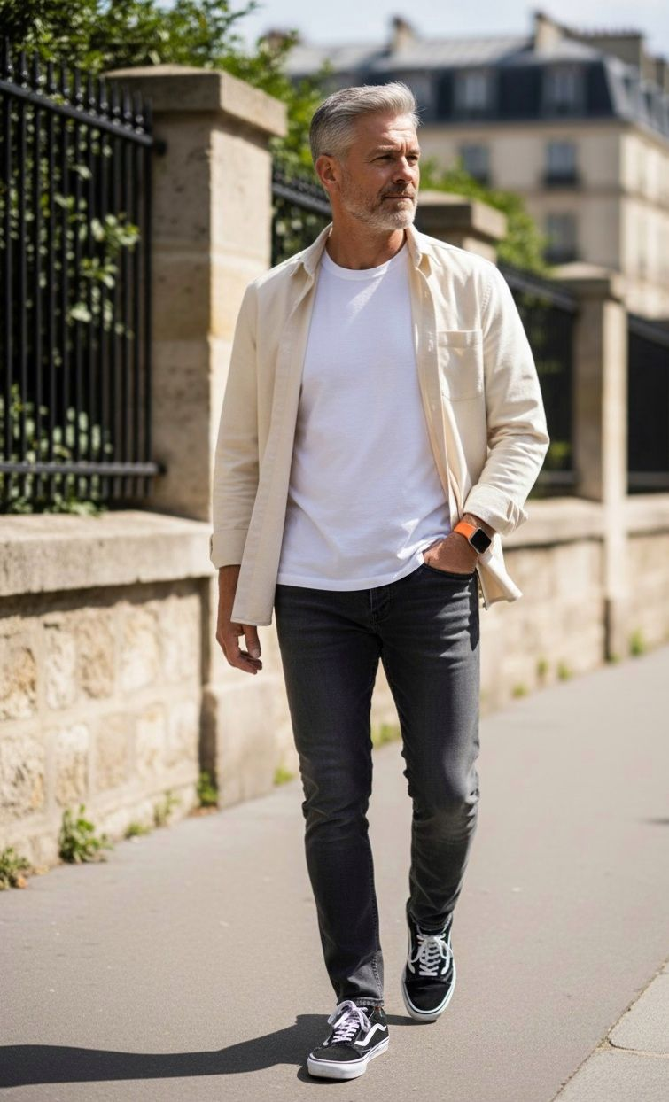 Middle-aged man with gray hair walking on a sidewalk wearing a white shirt, beige jacket, and sneakers.