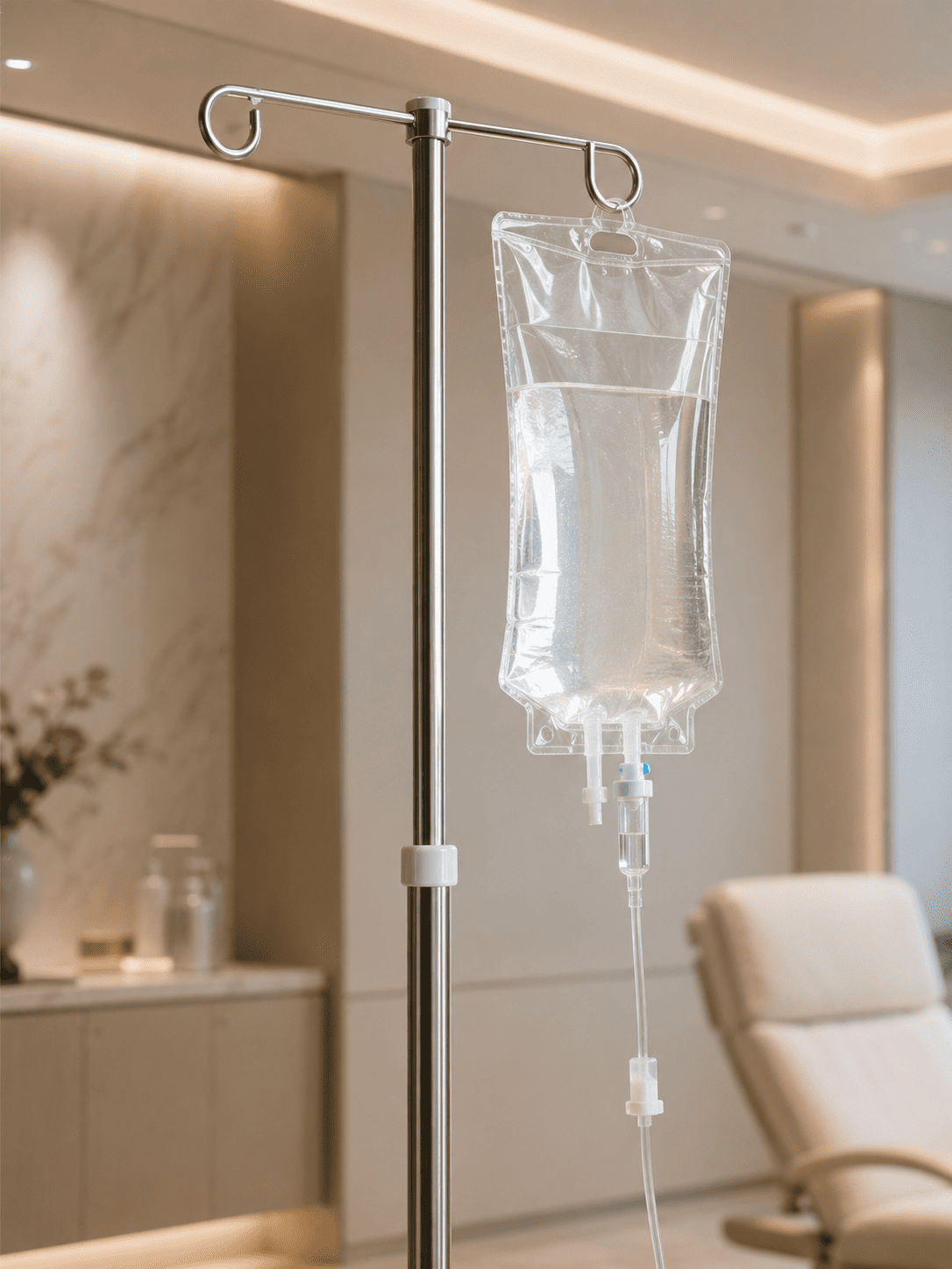 Clear intravenous fluid bag hanging from metal IV pole in a softly lit medical room with chair.