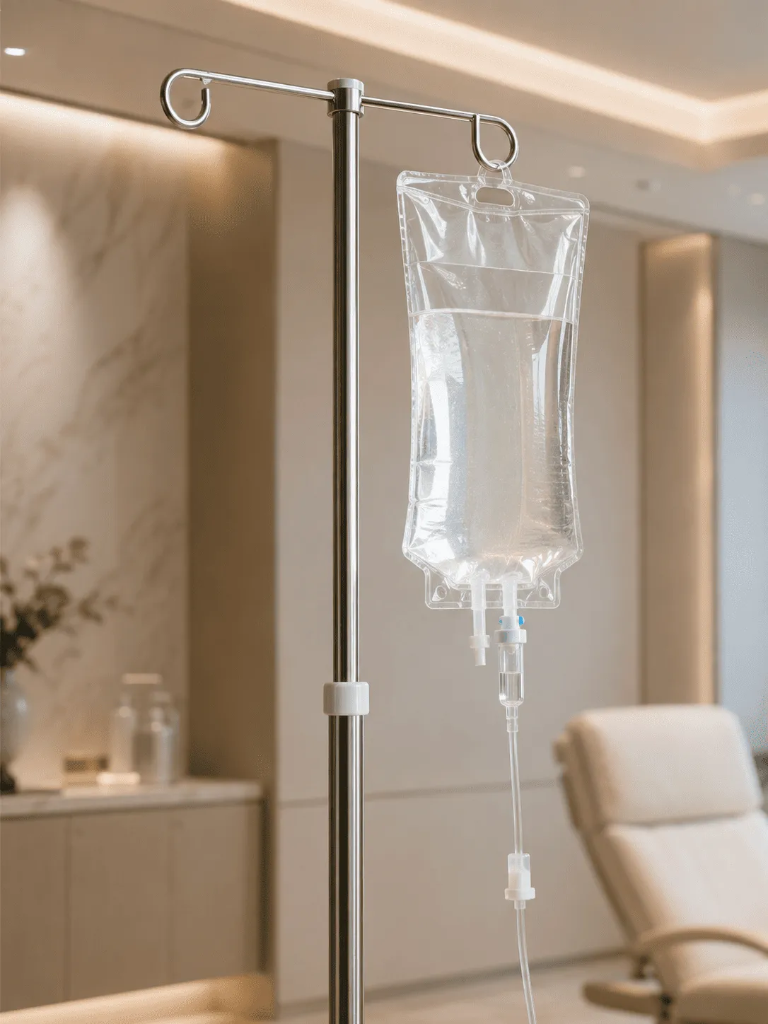 Clear intravenous fluid bag hanging from metal IV pole in a softly lit medical room with chair.