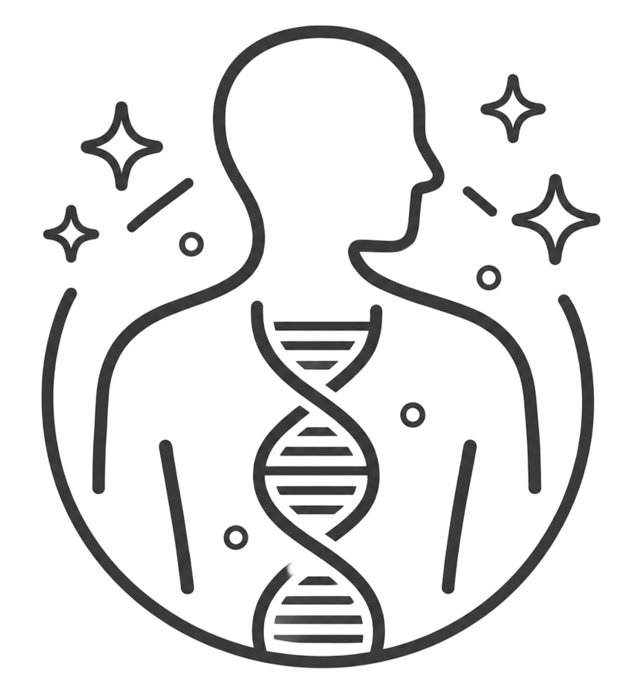 Outline of a human figure with a DNA helix inside and sparkles around it symbolizing genetics or health.