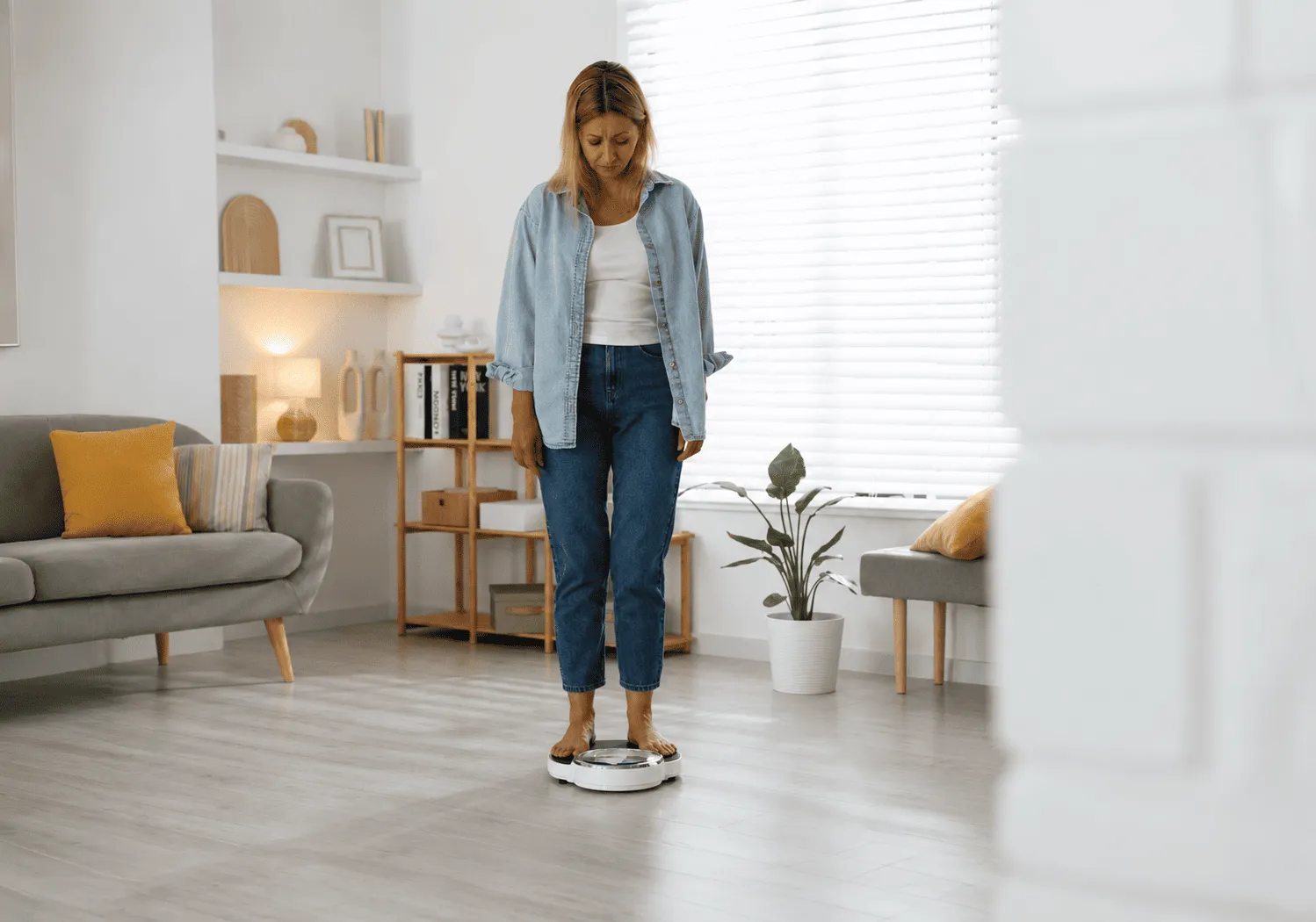 Woman in jeans and denim shirt standing barefoot on a scale in a bright living room.