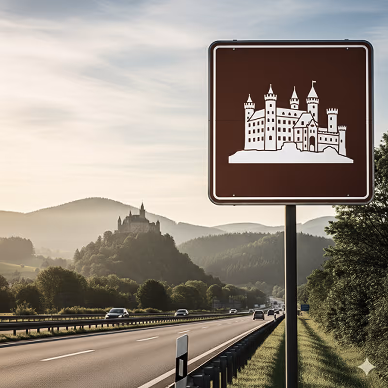 Eine braune touristische Unterrichtungstafel an einer Autobahn, die ein Schloss zeigt. Im Hintergrund ist das echte Schloss in der Ferne zu sehen.