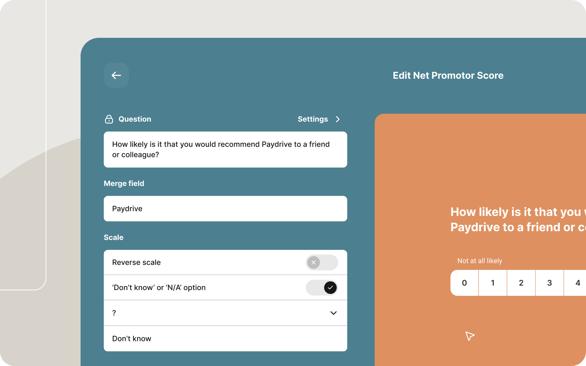 Screenshot showing an editable Net Promoter Score question within a survey tool with customization options and a 0–10 rating scale.