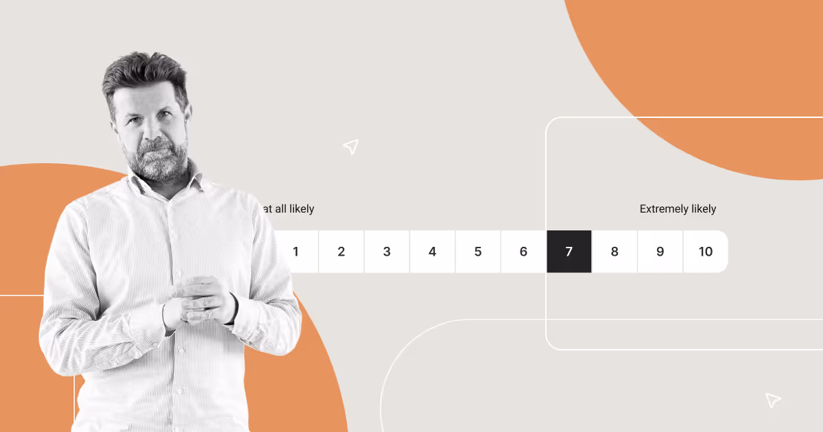 Man beside a Net Promoter Score (NPS) survey scale emphasizing customer satisfaction measurement and likelihood-to-recommend scoring.