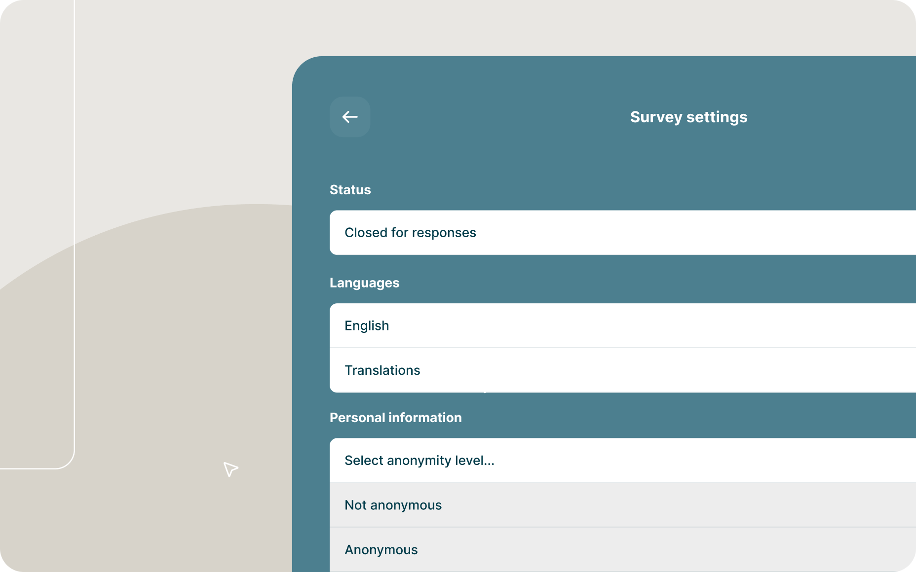 Anonymity options in survey settings within the Enalyzer platform.