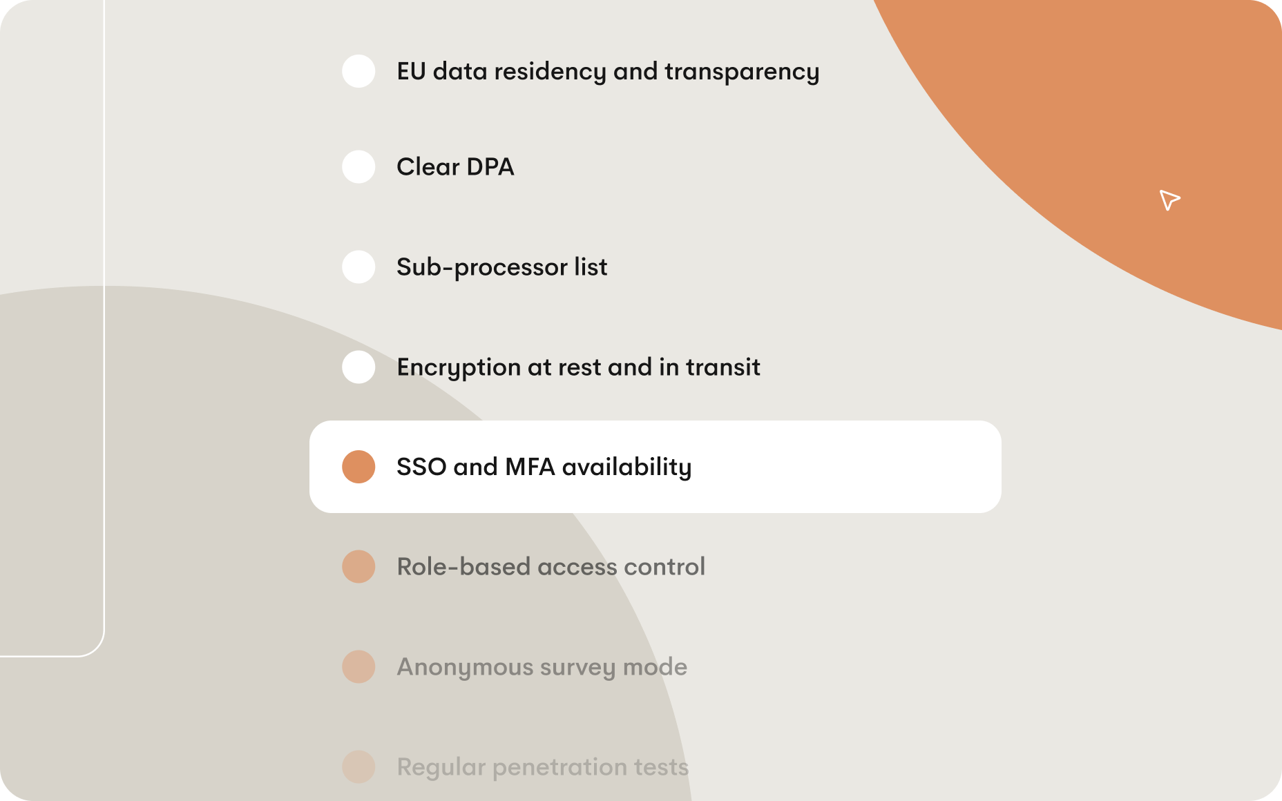 Checklist of security and privacy features, including data residency, DPA, sub-processors, encryption, SSO and MFA, access roles, anonymous mode, and penetration tests.