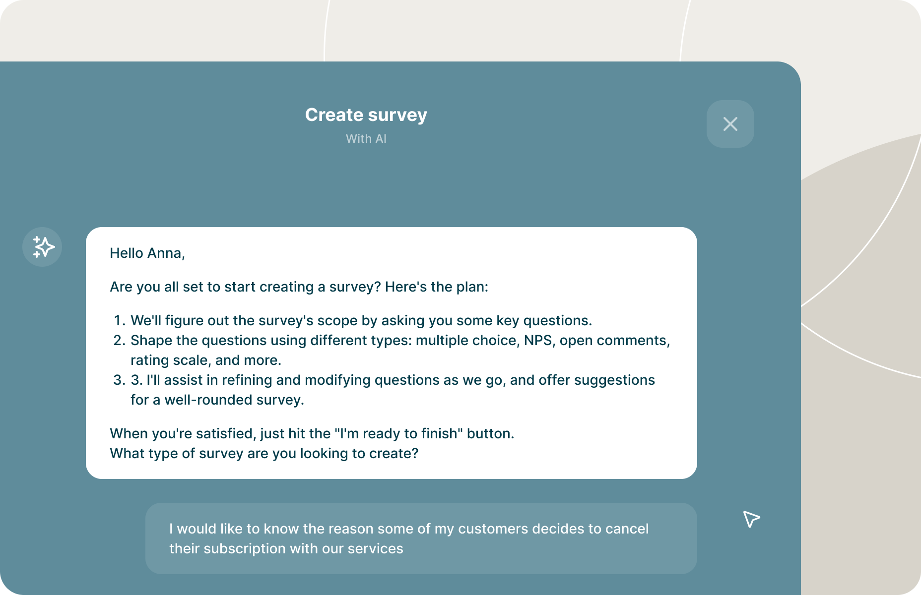 Interface screen showing an AI assistant introducing the steps for creating a survey, including defining scope, choosing question types, and refining questions.