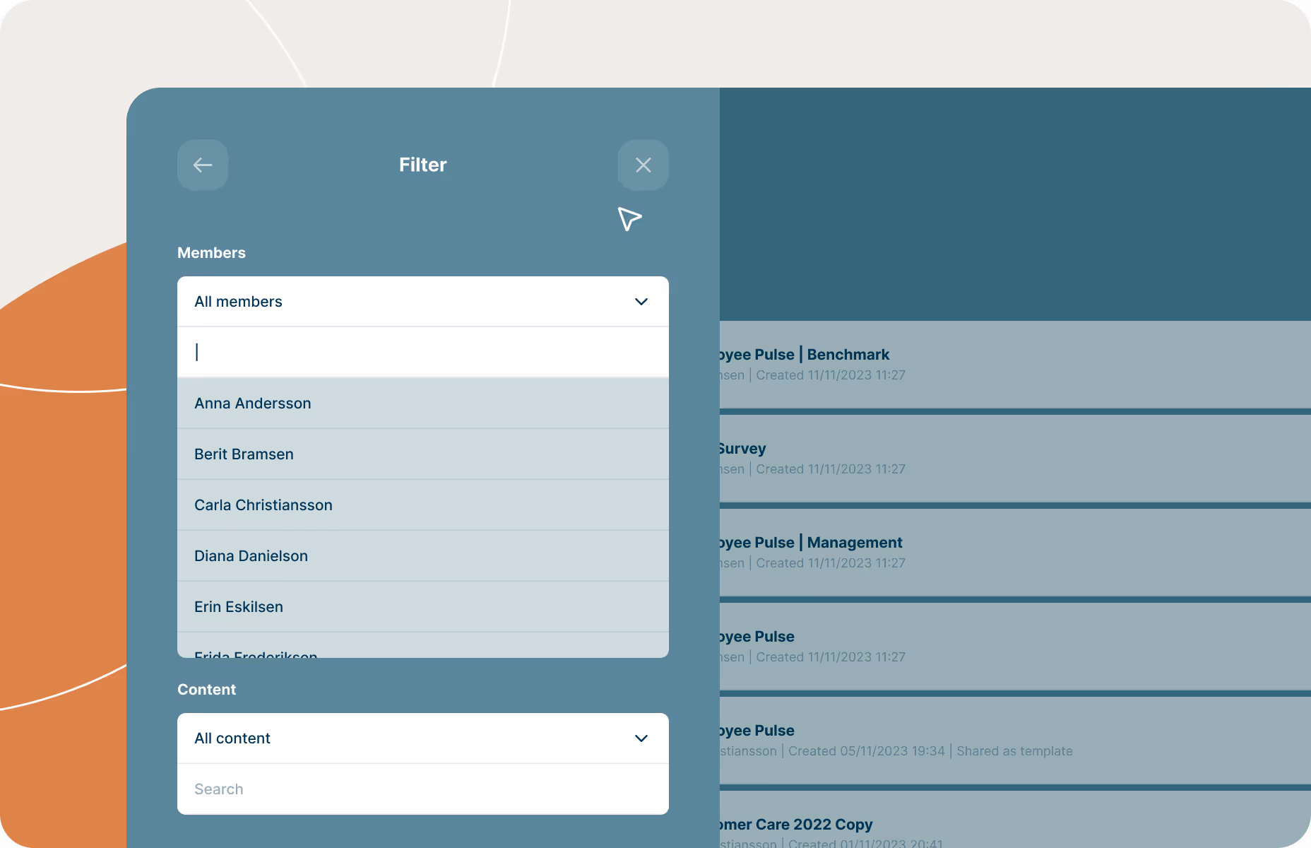 Filter panel showing member and content options used to manage roles, access permissions, and ownership within an Enalyzer organization.