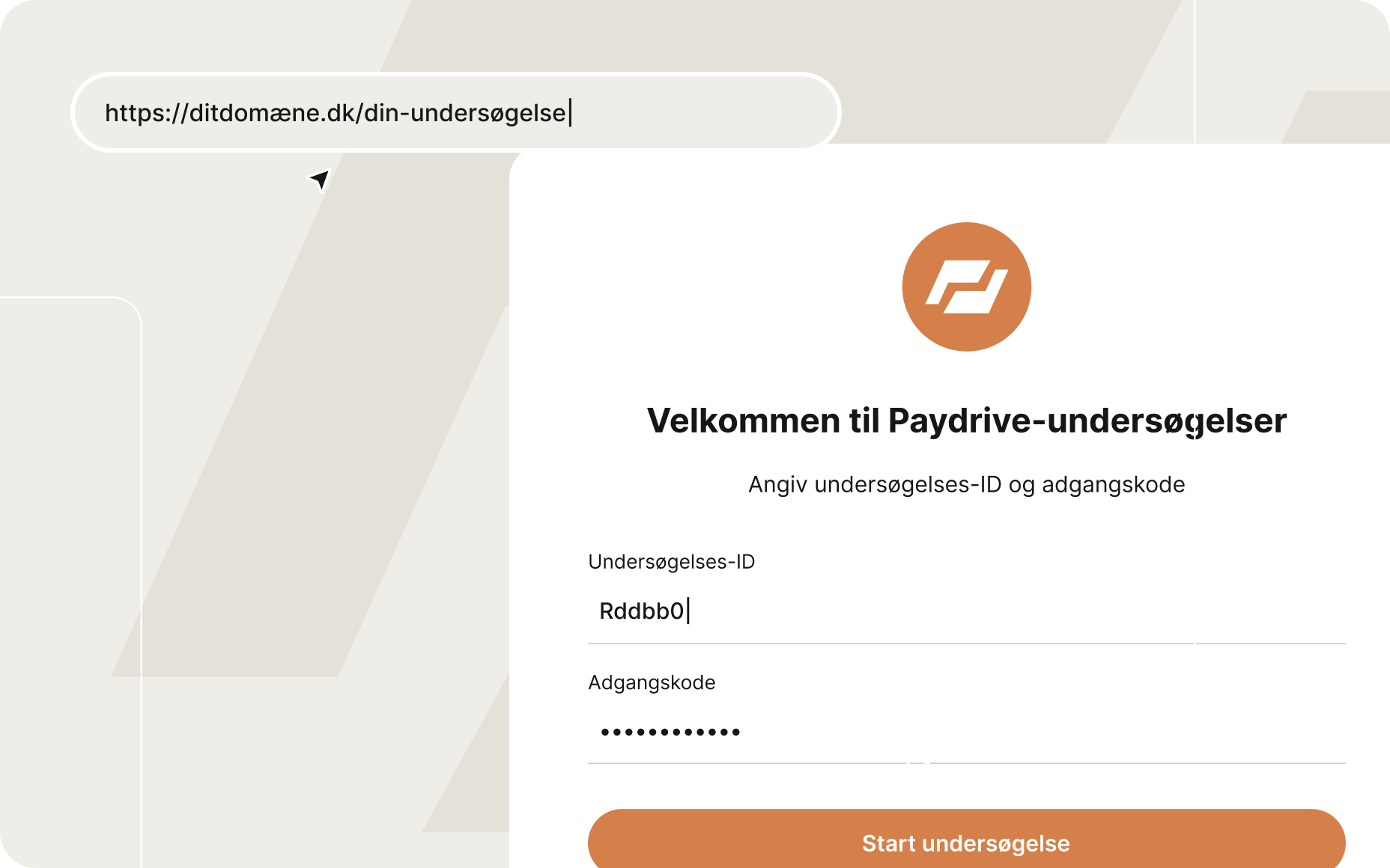 Branded login-side til en undersøgelse på eget domæne med felter til undersøgelses-ID og adgangskode.