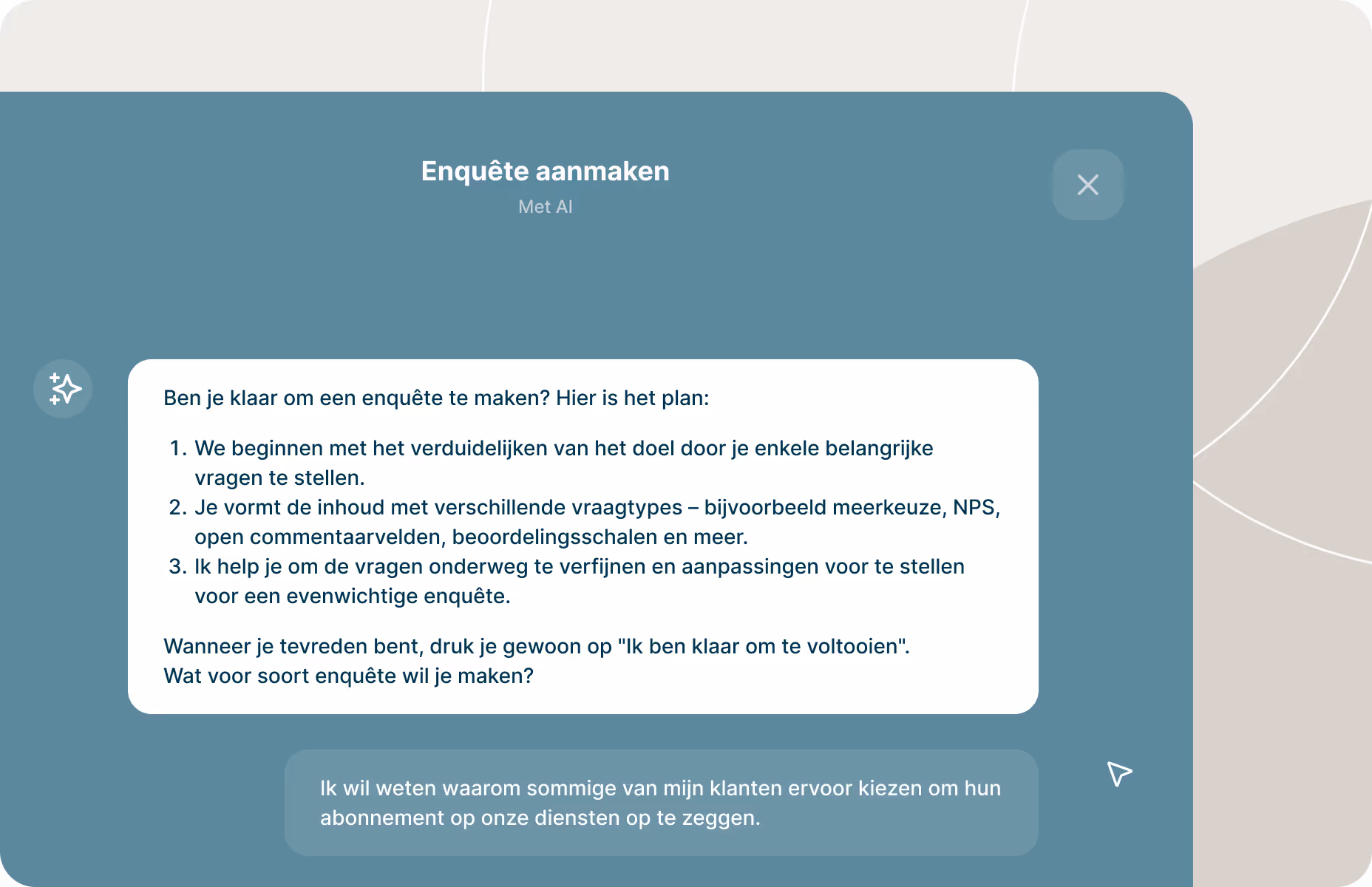 Scherminterface met een AI-assistent die de stappen voor het maken van een enquête introduceert, waaronder het definiëren van de reikwijdte, het kiezen van vraagtypen en het verfijnen van de vragen.