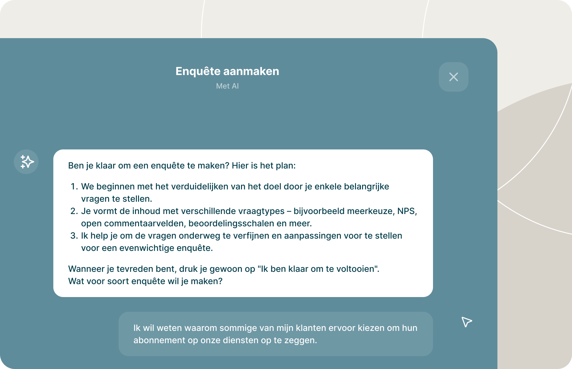 Scherminterface met een AI-assistent die de stappen voor het maken van een enquête introduceert, waaronder het definiëren van de reikwijdte, het kiezen van vraagtypen en het verfijnen van de vragen.