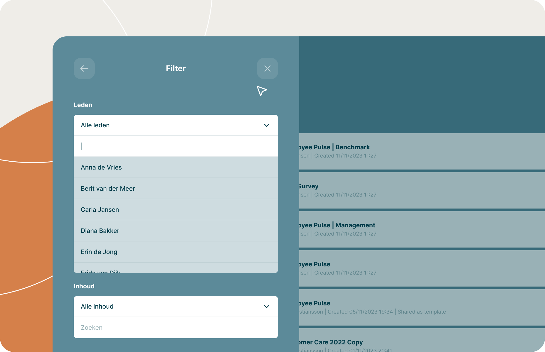 Filterpaneel met leden- en inhoudsopties voor het beheren van rollen, toegangsrechten en eigenaarschap binnen een Enalyzer-organisatie.
