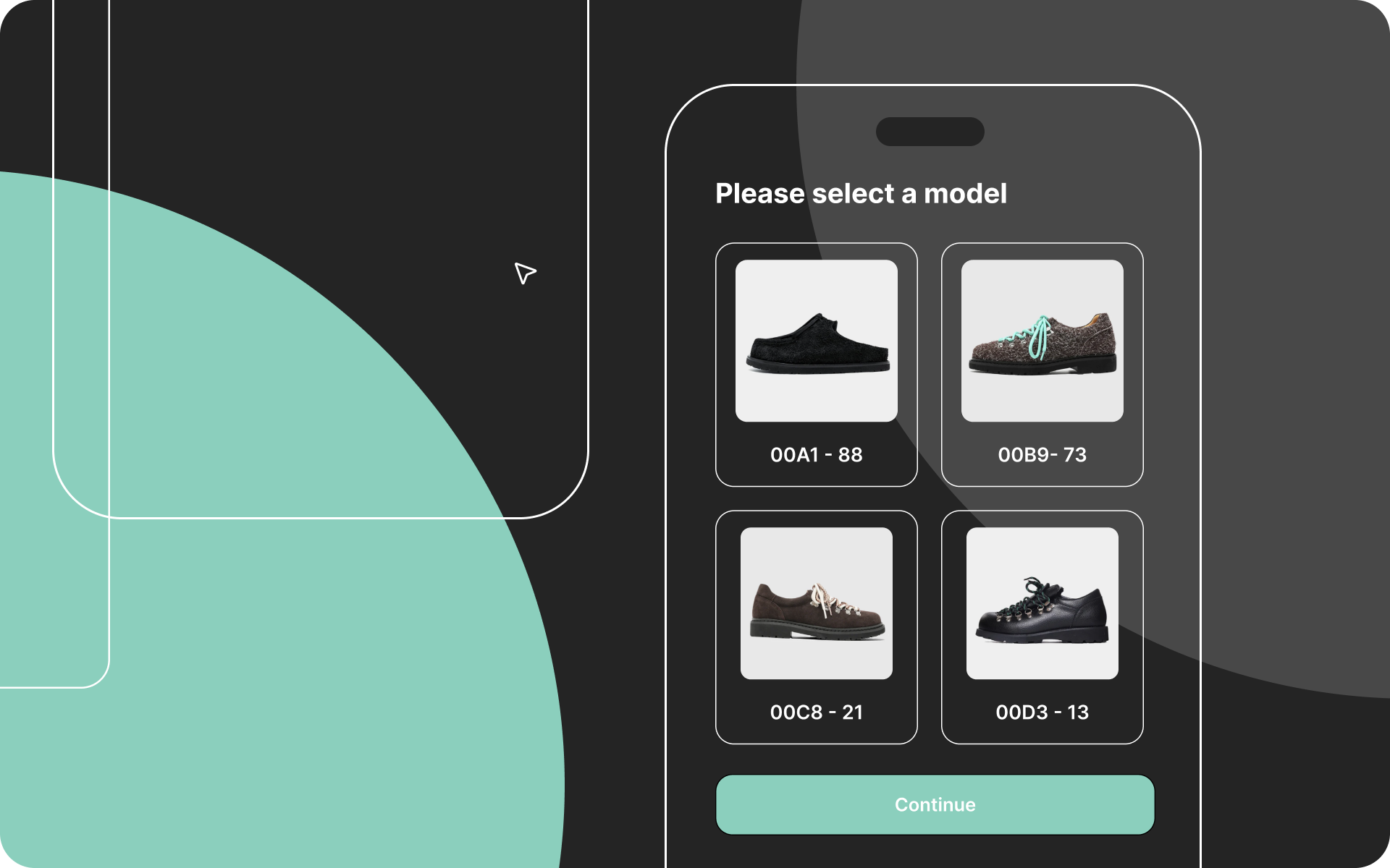 Mobile screen mockup showing a question asking users to select a shoe model from four image options, used to illustrate mobile-first questionnaire design.