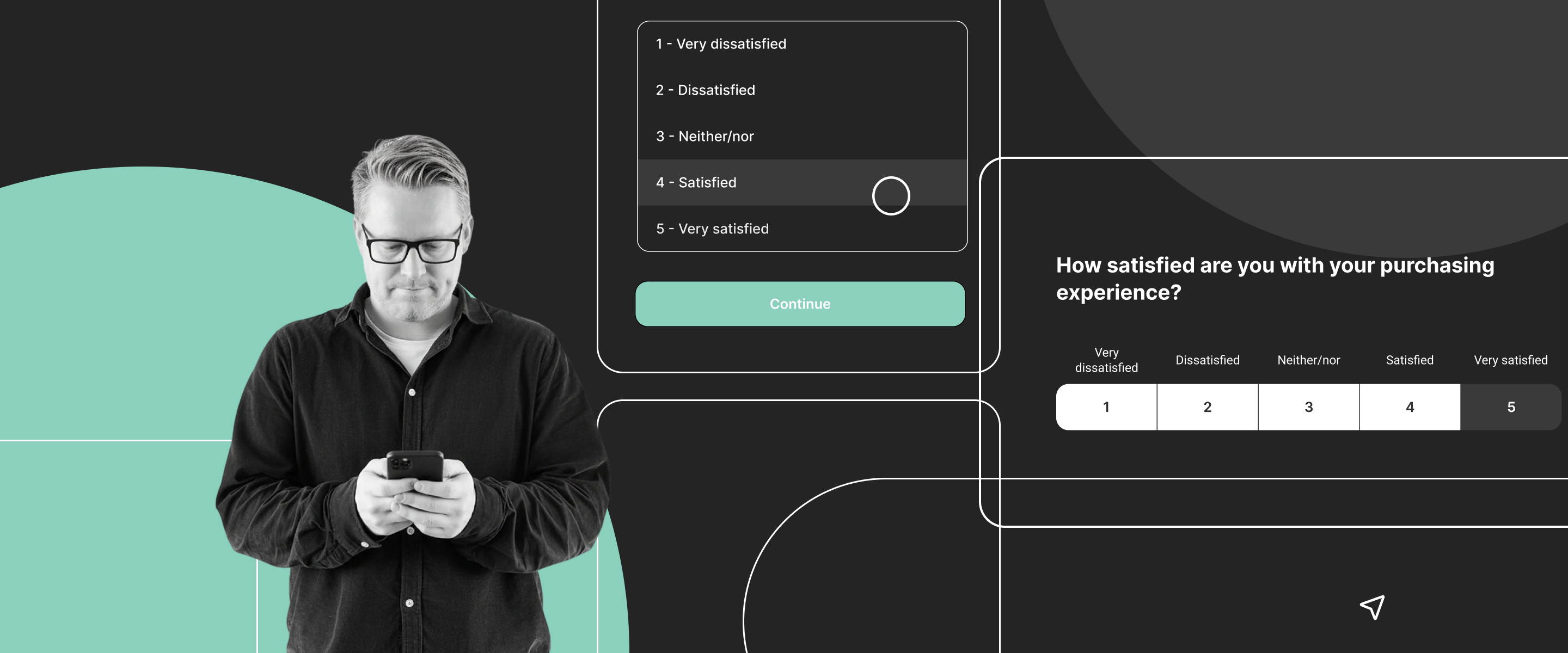 Person interacting with a survey on a mobile phone, shown alongside Enalyzer interface elements displaying a satisfaction question and response scale.