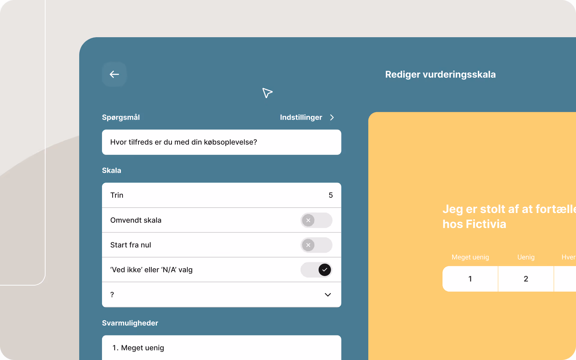 Interface i Enalyzer, der viser redigering af en vurderingsskala med spørgsmål, skalaopsætning og svarmuligheder i en medarbejder- eller kundesurvey.