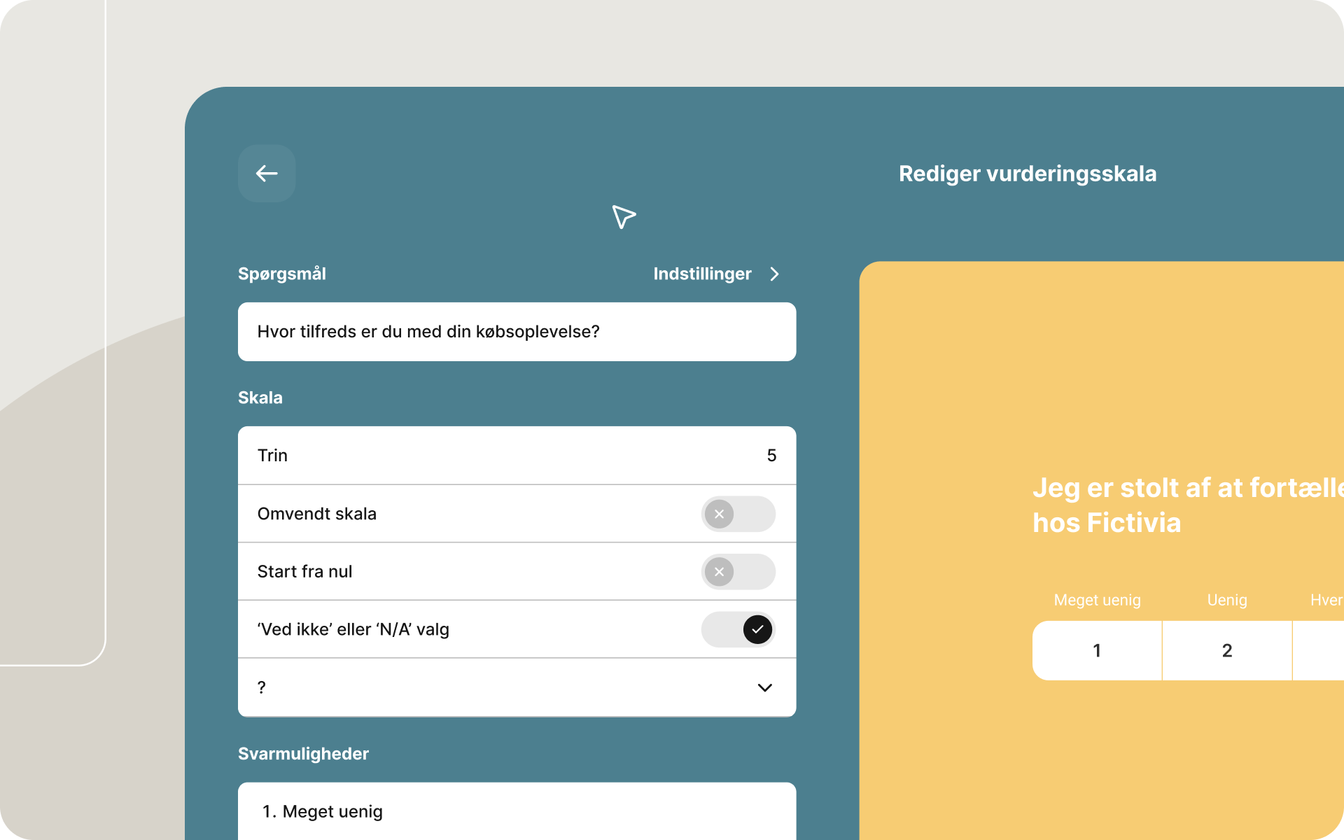 Interface i Enalyzer, der viser redigering af en vurderingsskala med spørgsmål, skalaopsætning og svarmuligheder i en medarbejder- eller kundesurvey.