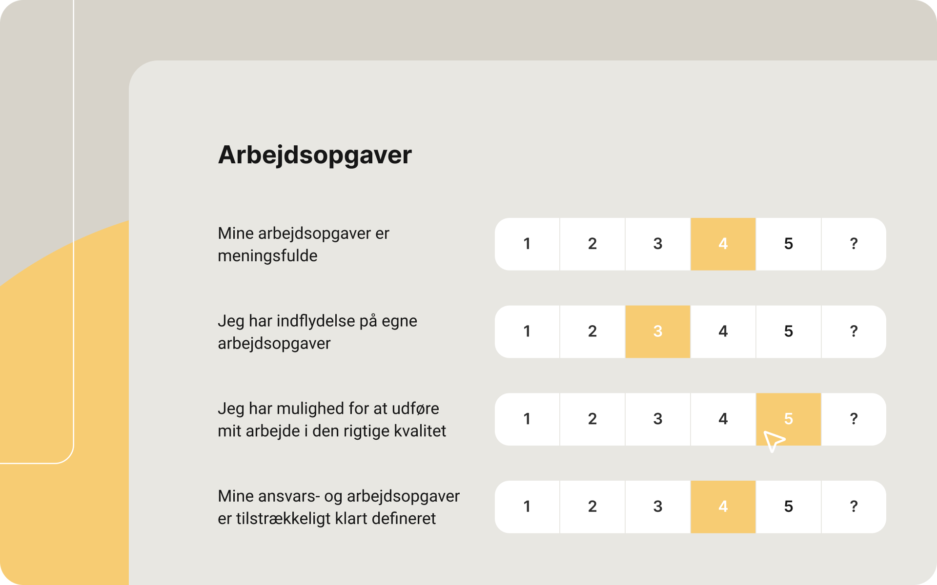 Spørgsmål om arbejdsopgaver i Enalyzer med skala fra 1 til 5, hvor medarbejdere vurderer meningsfuldhed, indflydelse, mulighed for kvalitet og klarhed i ansvarsområder.