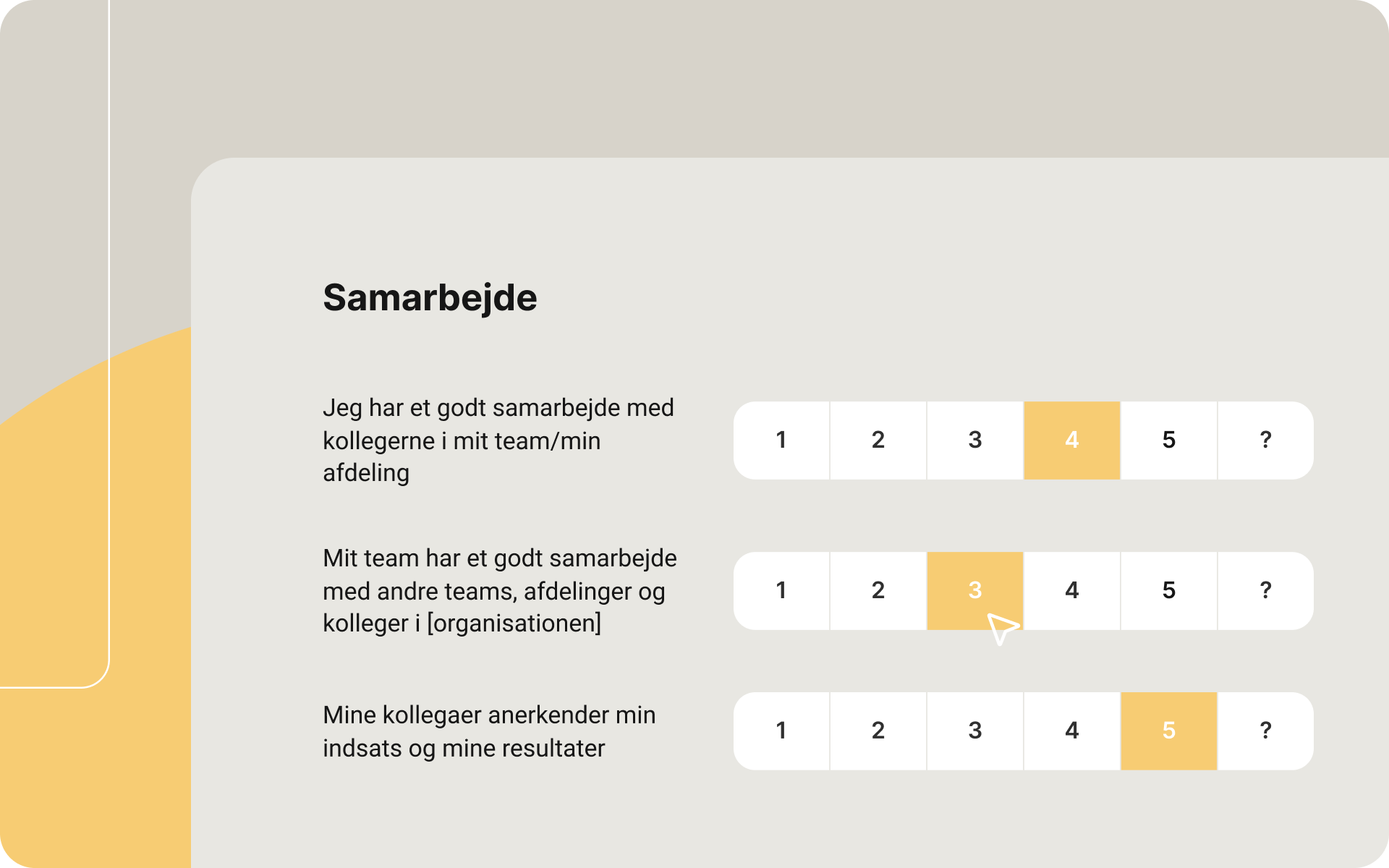 Skærmbillede af samarbejdsspørgsmål i Enalyzer med skala fra 1 til 5, hvor medarbejdere vurderer samarbejde i teamet, samarbejde på tværs og kollegial anerkendelse.