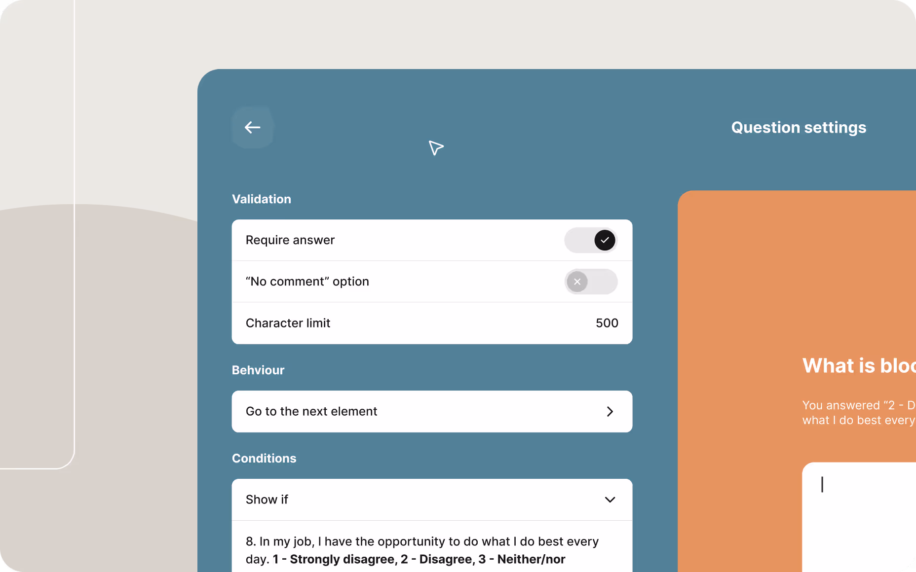 Survey question settings interface with required answer, character limit, navigation behavior, and conditional display rules.