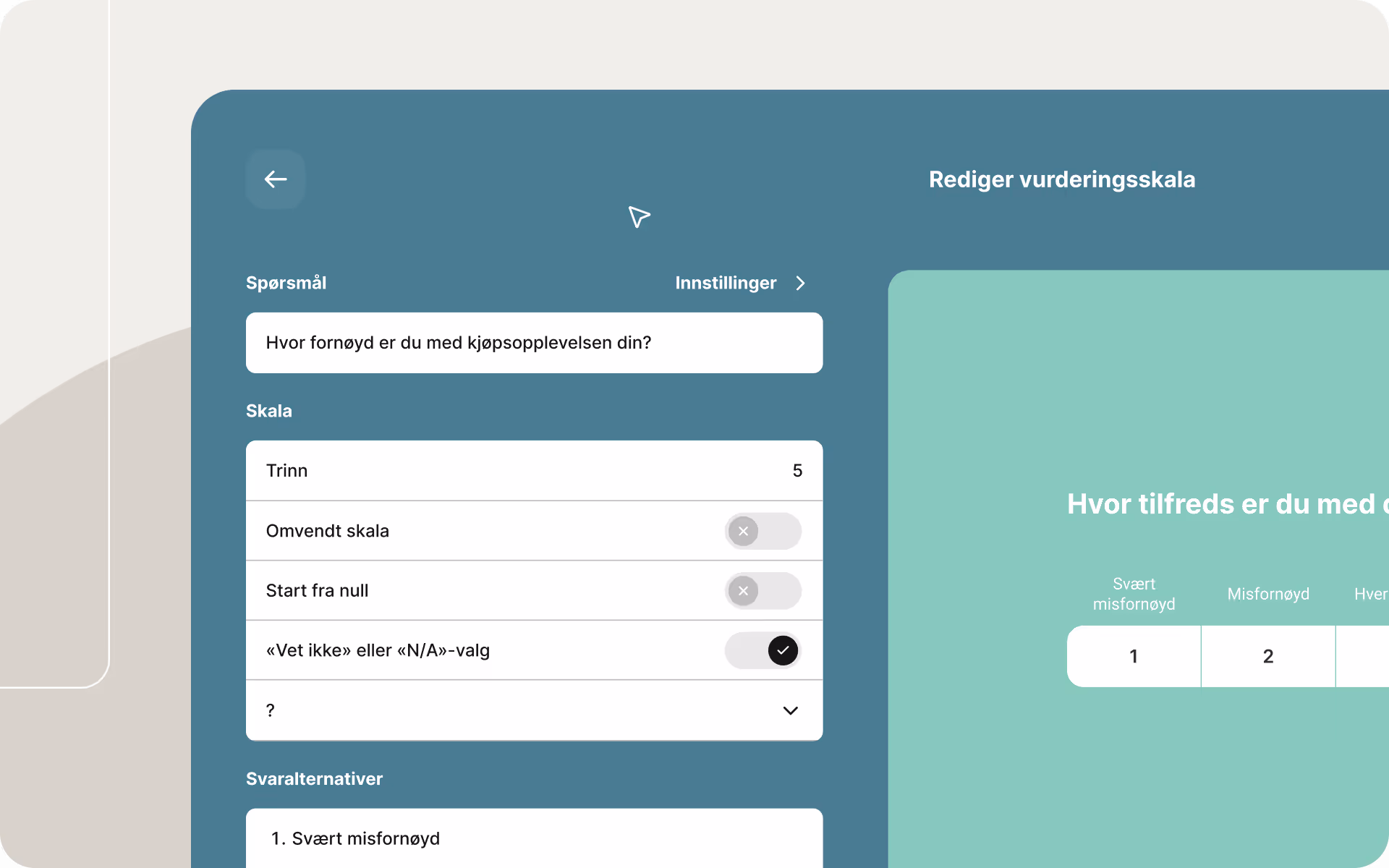 Tilpasning av vurderingsskalaer i Enalyzers spørreskjemaverktøy.