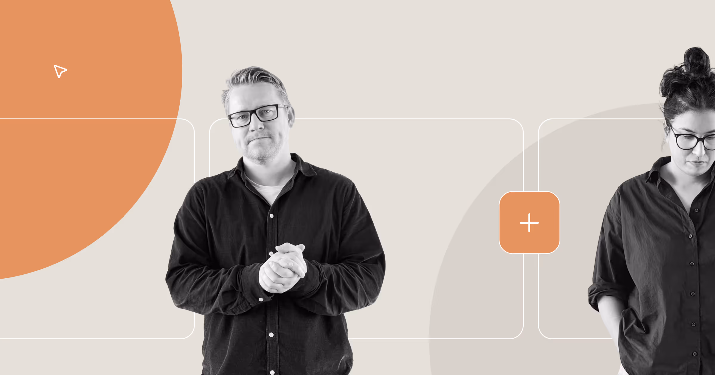 Two professionals in a modern, minimalistic design symbolizing user experience and decision-making when choosing the best online survey tool for your Organisation