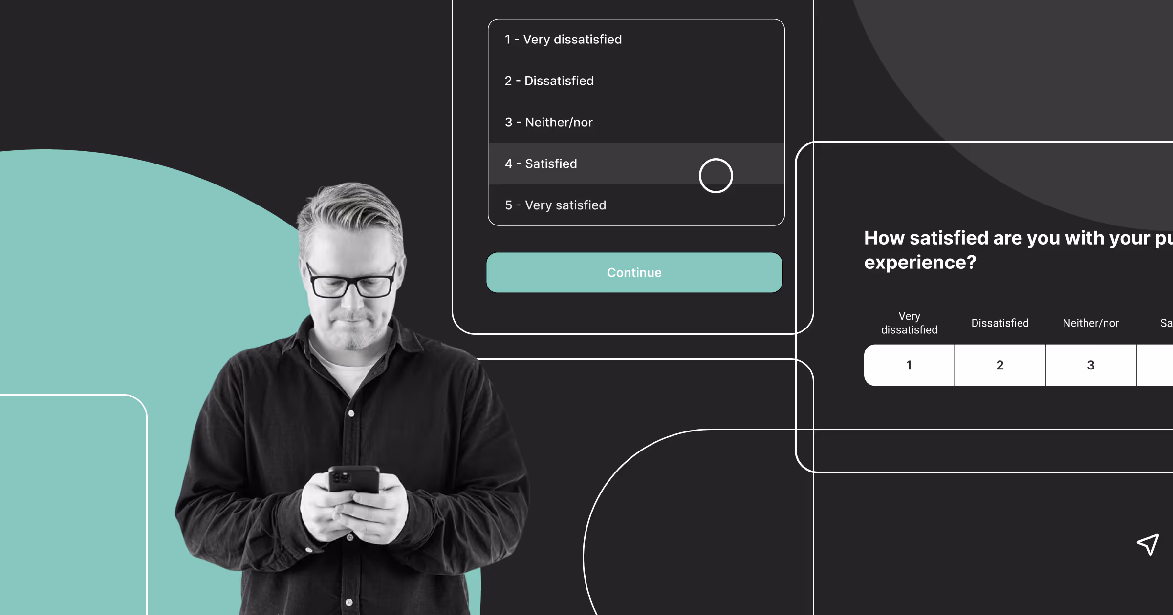 Person interacting with a survey on a mobile phone, shown alongside Enalyzer interface elements displaying a satisfaction question and response scale.