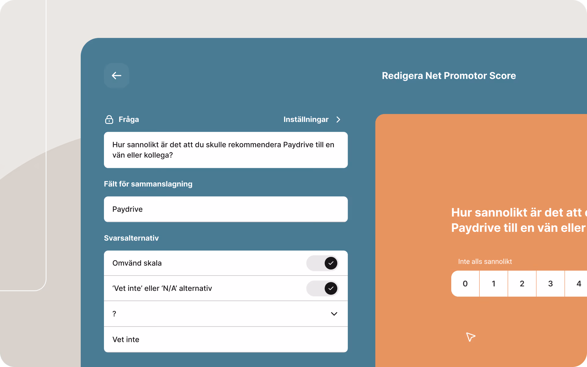 Skärmbild som visar redigering av en Net Promoter Score-fråga i ett enkätverktyg, med anpassningsalternativ och en betygsskala från 0 till 10.