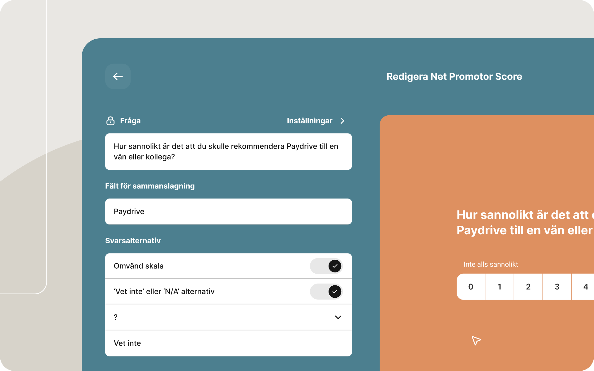 Skärmbild som visar redigering av en Net Promoter Score-fråga i ett enkätverktyg, med anpassningsalternativ och en betygsskala från 0 till 10.