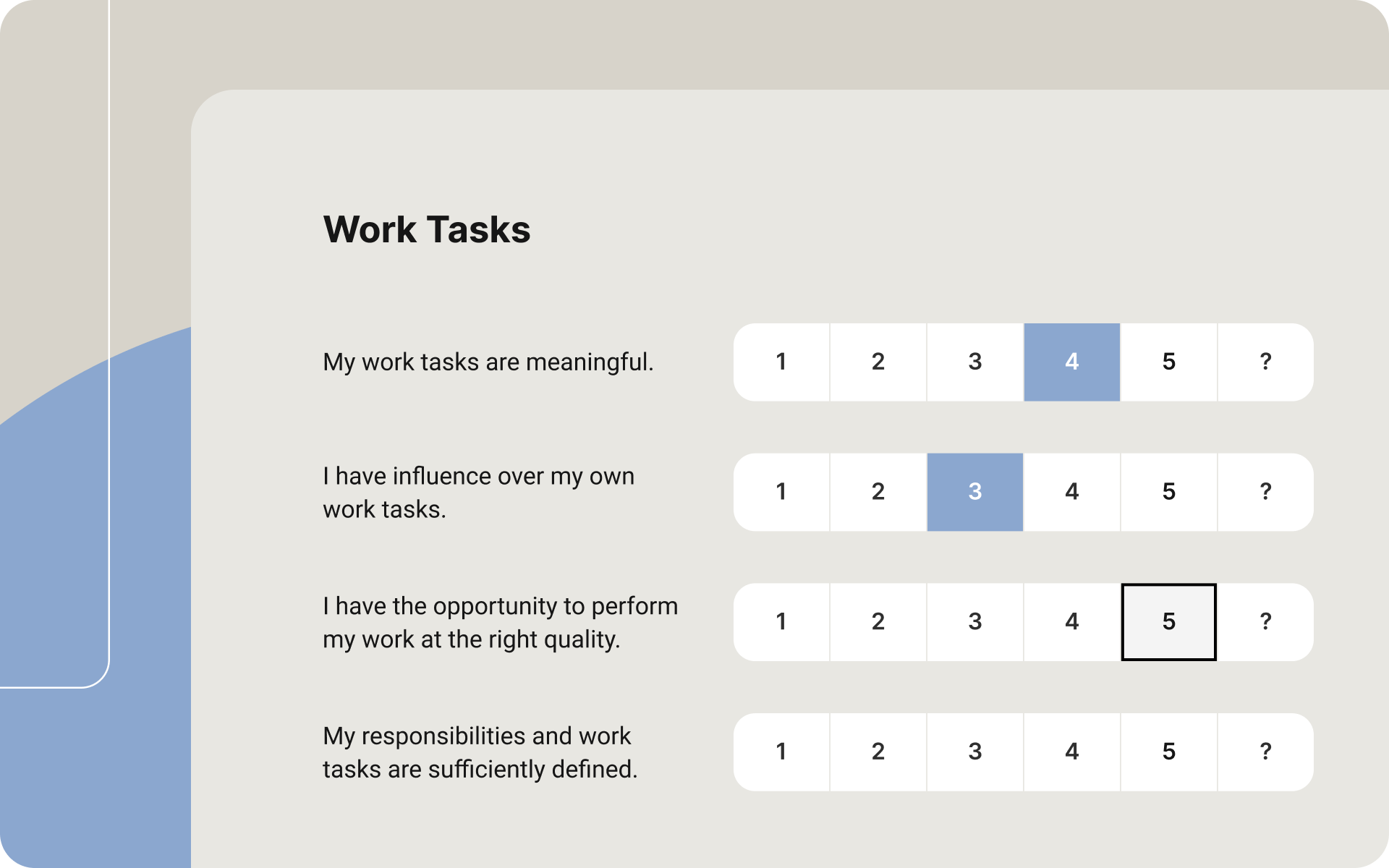 Survey question grid in the Enalyzer platform showing Likert-scale questions with focus indicators, illustrating keyboard navigation and selection without using a mouse.