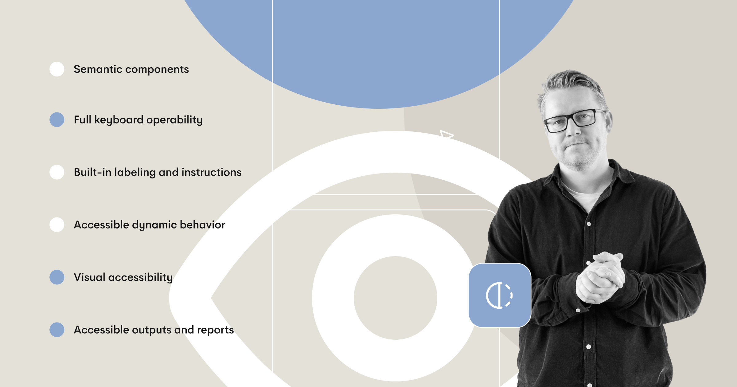 Hero image illustrating WCAG-focused survey platform features, including semantic components, full keyboard operability, built-in labeling, accessible dynamic behavior, visual accessibility, and accessible outputs and reports, alongside a presenter.