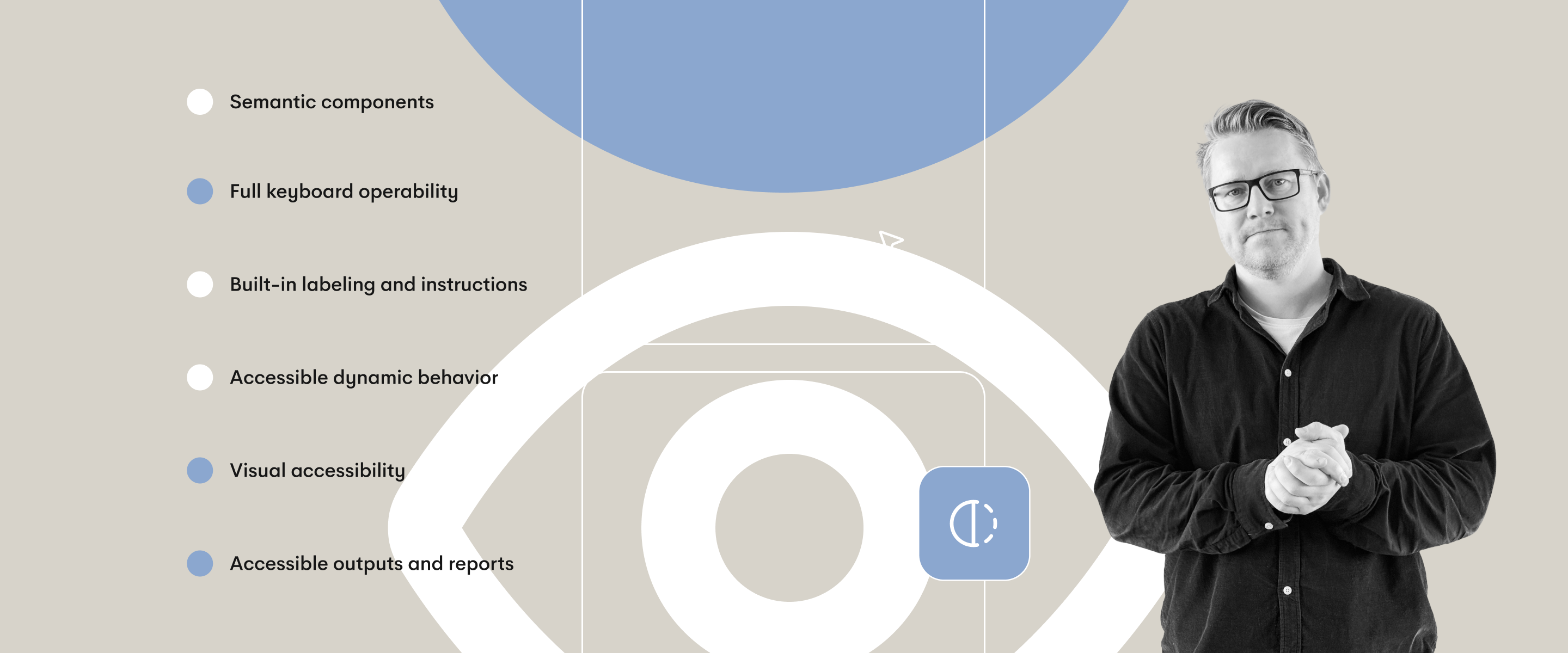 Hero image illustrating WCAG-focused survey platform features, including semantic components, full keyboard operability, built-in labeling, accessible dynamic behavior, visual accessibility, and accessible outputs and reports, alongside a presenter.