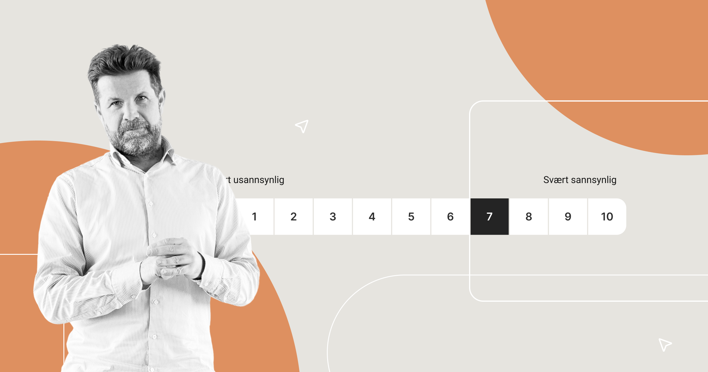 Mann ved siden av en Net Promoter Score (NPS)-undersøkelsesskala som fremhever måling av kundetilfredshet og sannsynlighet for anbefaling.