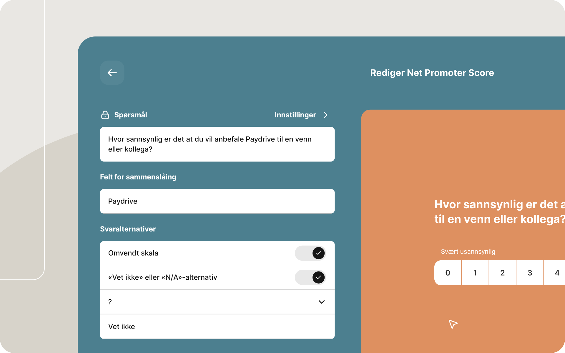 Skjermbilde som viser et redigerbart Net Promoter Score-spørsmål i et spørreundersøkelsesverktøy, med tilpasningsmuligheter og en vurderingsskala fra 0–10.