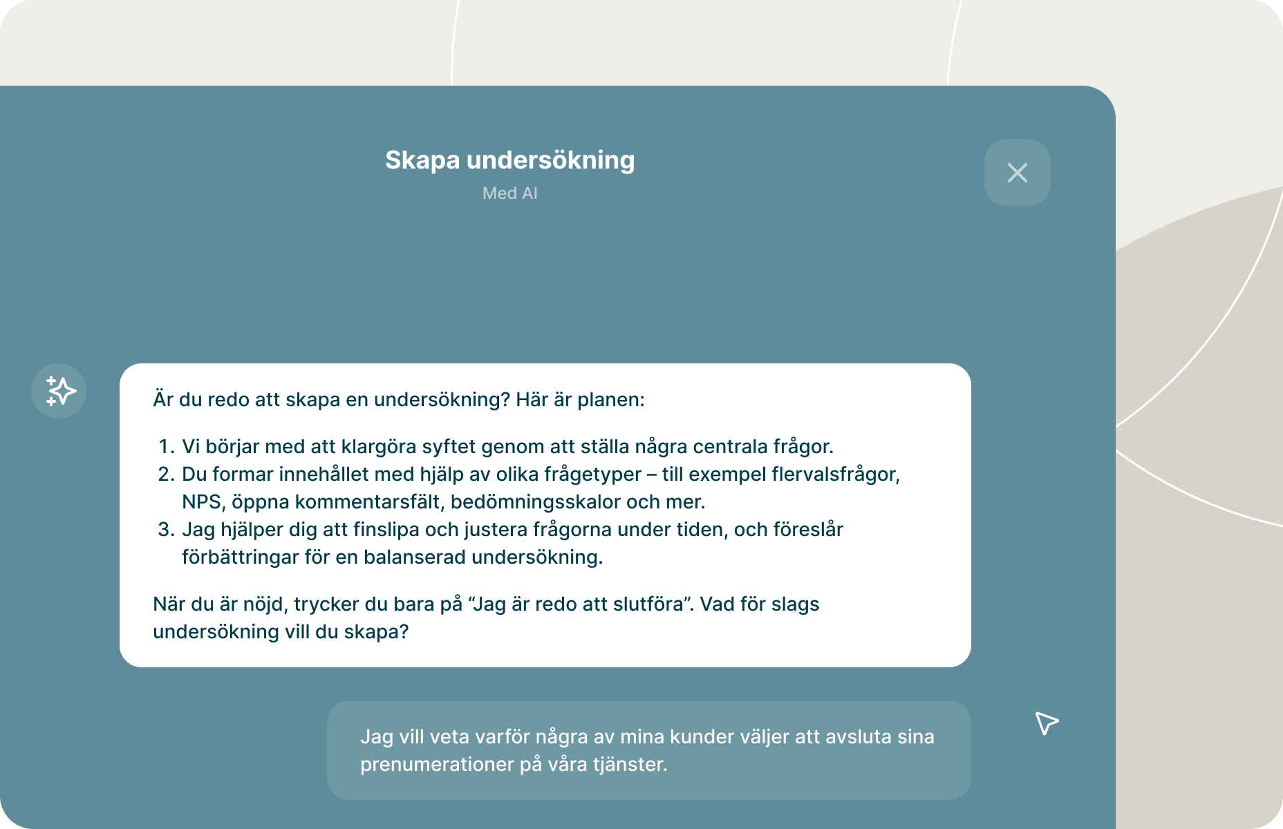 Gränssnittsskärm som visar en AI-assistent som introducerar stegen för att skapa en enkät, inklusive att definiera omfattning, välja frågetyper och förfina frågor.