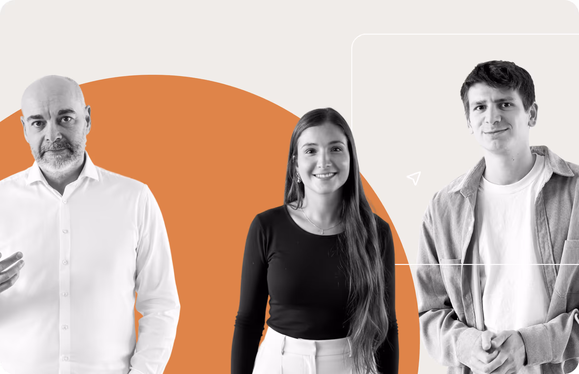 Illustration med tre personer som symboliserar teamarbete och transparent prissättning i Enalyzer för organisationer med flera användare.