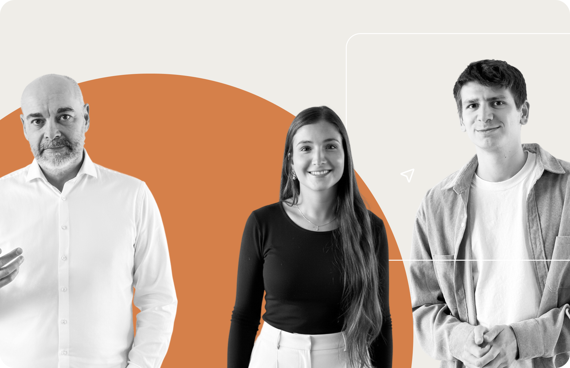 Illustration med tre personer som symboliserar teamarbete och transparent prissättning i Enalyzer för organisationer med flera användare.