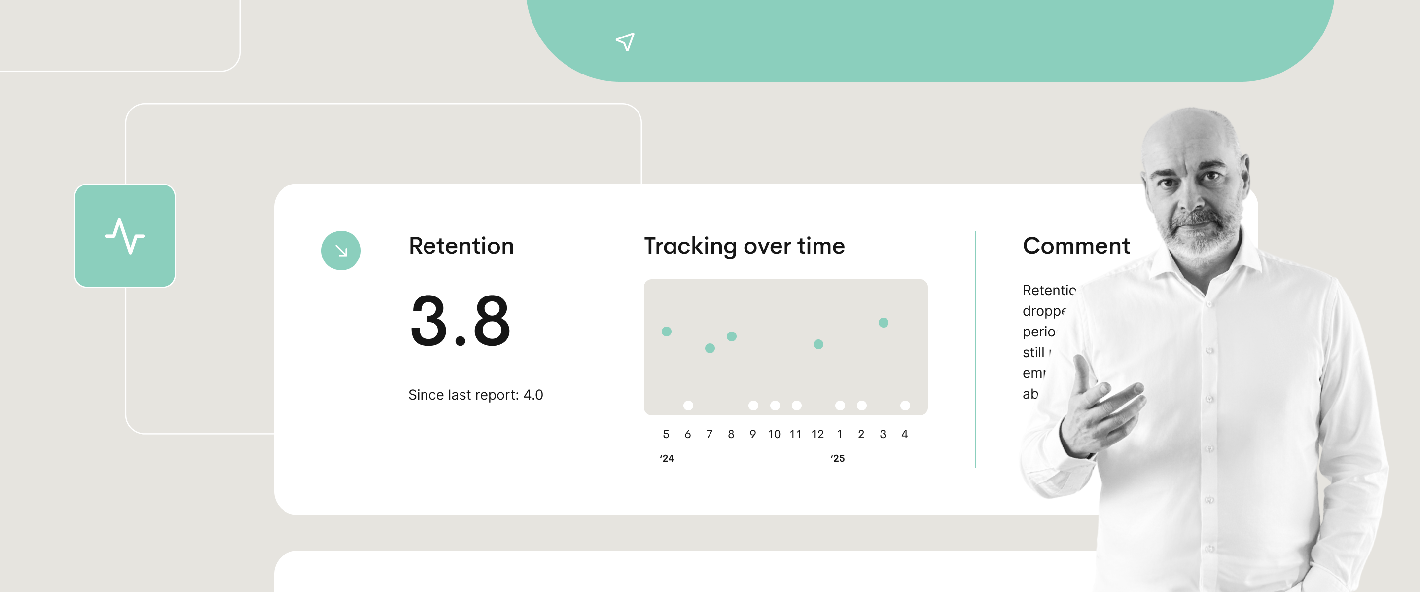 Dashboard view showing a retention score, trend tracking over time, and an explanatory comment panel.