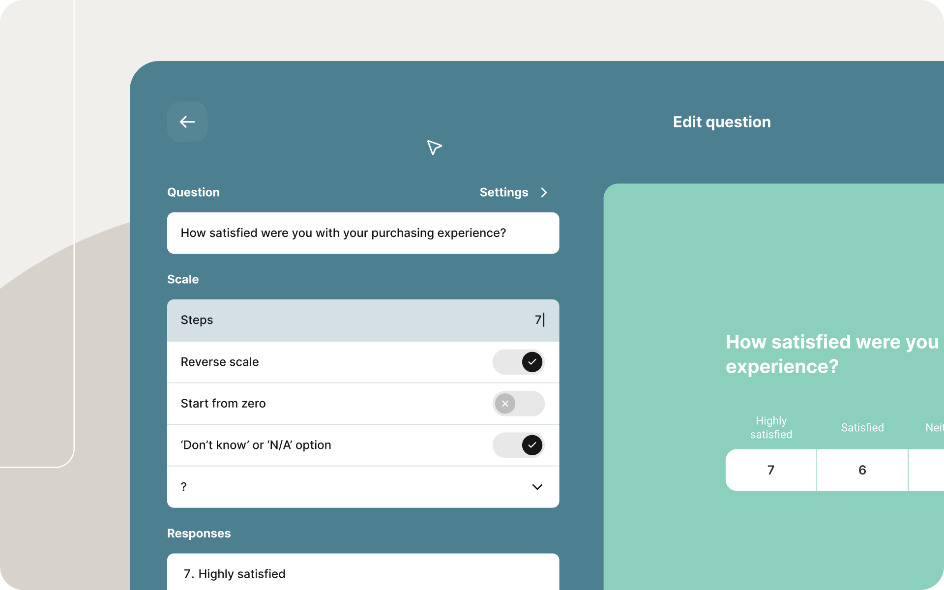 Interface showing a survey question being edited, with adjustable scale settings, response options, and a live preview of how the customised question appears to respondents.