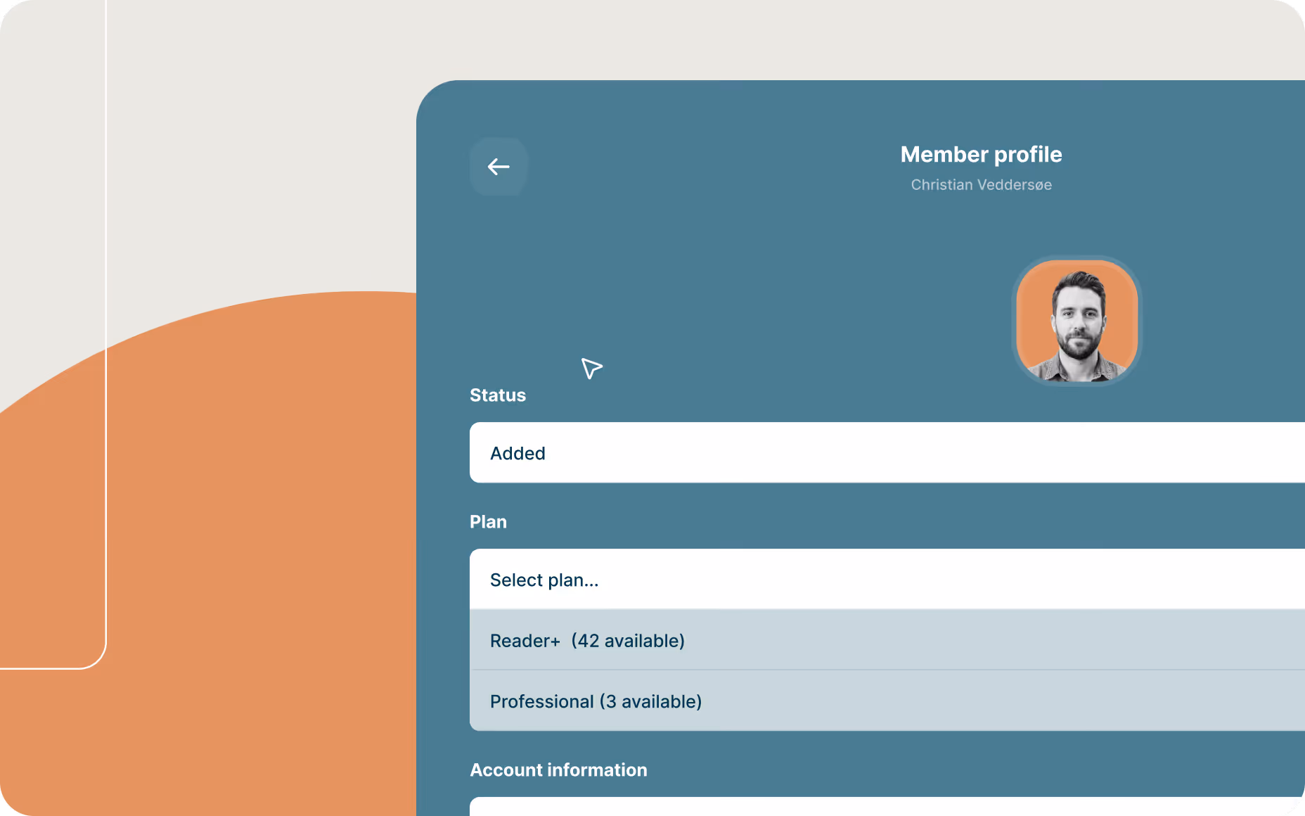 Member profile interface in a survey platform showing role-based access control settings, including user status and plan permissions.